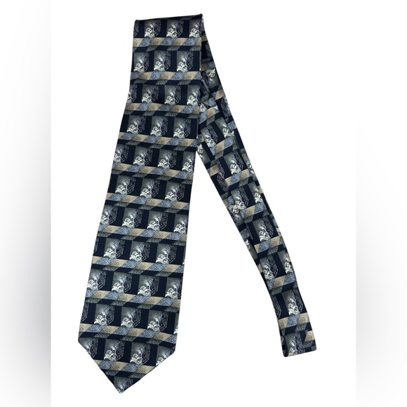 CHRISTIAN DIOR - Menโs Vintage Silk Patterned Tie - Black/ Gold/ Grey - Picture 2 of 4